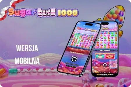Sugar Rush 1000 na telefonie z flagą Polski i saldem w PLN